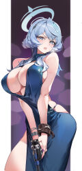 Rule 34 | 1girl, absurdres, ako (blue archive), ako (dress) (blue archive), backless dress, backless outfit, bare shoulders, blue archive, blue dress, blue eyes, blue hair, blue halo, blush, breasts, cowboy shot, cuffs, dress, gun, hair between eyes, hairband, halo, handgun, highres, holding, holding gun, holding weapon, large breasts, long hair, looking at viewer, official alternate costume, runfufu, simple background, sleeveless, sleeveless dress, solo, standing, weapon