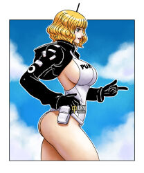 Rule 34 | 1girl, artist name, ass, bare legs, blonde hair, blue eyes, breasts, curvy, egghead island, hand on own hip, huge ass, index finger raised, iury padilha, jacket, jolly roger, large breasts, leotard, lips, looking to the side, medium hair, one piece, revealing clothes, sideboob, solo, stussy (one piece), thick thighs, thighs, white leotard, wide hips
