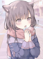 Rule 34 | 1girl, absurdres, animal ear fluff, animal ears, blue jacket, blurry, blurry background, blush, breath, breathing on hands, brown eyes, brown hair, brown scarf, cat ears, commentary request, depth of field, fingernails, hands up, heart, highres, jacket, long hair, long sleeves, open mouth, original, own hands together, scarf, solo, twitter username, upper body, yukari (rihenara doll)