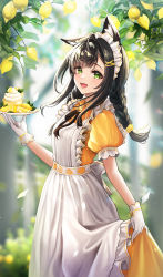 Rule 34 | 1girl, ahoge, animal ear fluff, animal ears, bell, blurry, blurry background, blush, bow, bowtie, braid, branch, brown hair, cake, cat ears, clothes lift, dress, dress lift, food, food-themed hair ornament, fruit, garden, gloves, green eyes, hair ornament, hairclip, highres, holding, holding tray, icing, jingle bell, kottungyang, leaf, lemon, lemon hair ornament, lemon slice, long hair, looking at viewer, maid, maid headdress, open mouth, orchard, original, ribbon, smile, solo, standing, tray, tree, white gloves, yellow dress