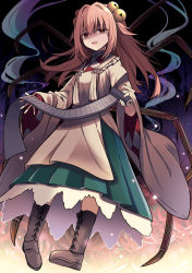Rule 34 | 1girl, apron, bell, boots, breasts, brown footwear, e.o., eyes visible through hair, green skirt, hair between eyes, hands up, highres, long hair, long sleeves, looking at viewer, medium breasts, motoori kosuzu, open mouth, orange hair, red shirt, shaded face, shirt, skirt, smile, solo, touhou, yellow apron, yellow shirt, yellow sleeves