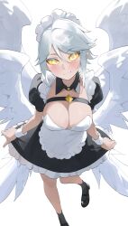 Rule 34 | 1girl, absurdres, alternate breast size, alternate costume, apron, black dress, black footwear, blush, breasts, byeon dha, cleavage, dress, enmaided, from above, grey hair, highres, kayle (league of legends), large breasts, league of legends, maid, maid headdress, short hair, smile, socks, waist apron, white apron, yellow eyes