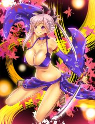 Rule 34 | 1girl, :d, arm behind head, arm up, armpits, asymmetrical hair, autumn leaves, bare shoulders, bikini, black background, blue bikini, blue bow, blush, bow, breasts, choker, cleavage, collarbone, covered erect nipples, detached sleeves, dual wielding, earrings, fate/grand order, fate (series), feet, folded ponytail, full body, grin, groin, hair ornament, halterneck, high heels, highres, hip focus, holding, holding sword, holding weapon, index finger raised, jewelry, katana, kneeling, lace, lace-trimmed sleeves, lace trim, large breasts, leaf, leaf earrings, leaf print, light purple hair, long hair, long legs, long sleeves, looking at viewer, miyamoto musashi (fate), miyamoto musashi (third ascension) (fate), nail polish, navel, open mouth, pink nails, ponytail, purple eyes, ribbon trim, sandals, sarong, short hair with long locks, sidelocks, silver hair, smile, solo, stomach, swimsuit, sword, takecha, toenail polish, toenails, weapon, wide sleeves
