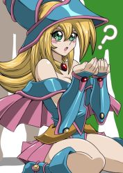 Rule 34 | 1girl, ?, bare shoulders, blonde hair, blue footwear, blush stickers, boots, breasts, cleavage, dark magician girl, duel monster, gloves, green eyes, jewelry, kneeling, legs, long hair, medium breasts, necklace, solo, straw (yokubou hiroba), white day, yu-gi-oh!, yuu-gi-ou, yu-gi-oh! duel monsters
