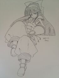 Rule 34 | 1girl, absurdres, ainu clothes, armpit peek, black hair, breasts, dated, fingerless gloves, gloves, hair ribbon, half-closed eyes, highres, implied pregnancy, legs, looking at viewer, lying, monochrome, nakoruru, pants, ribbon, samurai spirits, seductive gaze, seductive smile, shoes, small breasts, smile, smug, snk, solo, the king of fighters, thighs, traditional media, weapon