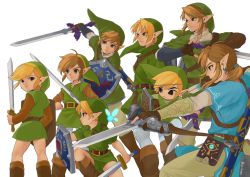 Rule 34 | 4boys, artist name, beige pants, beige shirt, black eyes, blonde hair, blue shirt, boots, bow (weapon), brown footwear, brown gloves, copyright request, earrings, fairy, fingerless gloves, from behind, from side, gloves, green eyes, green headwear, green shirt, hat, highres, holding, holding bow (weapon), holding sword, holding weapon, hylian shield, ivy (sena0119), jewelry, link, long sleeves, looking at viewer, male focus, master sword, multiple boys, multiple persona, navi, nintendo, pointy ears, sheikah slate, shield, shield on back, shirt, short hair, short ponytail, short sleeves, simple background, smile, sword, the legend of zelda, the legend of zelda: breath of the wild, the legend of zelda: ocarina of time, the legend of zelda: the wind waker, the legend of zelda: twilight princess, the legend of zelda (nes), toon link, triforce print, tunic, weapon, white background, young link