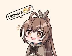 Rule 34 | 1girl, ahoge, ardenlolo, artist name, bow, brown bow, brown cloak, brown eyes, brown hair, chibi, cloak, drooling, emoji, feather hair ornament, feathers, hair ornament, hairclip, hololive, hololive english, long hair, meme, multicolored hair, nanashi mumei, open mouth, ponytail, simple background, solo, streaked hair, very long hair, virtual youtuber, watermark, white background