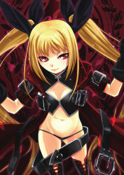 Rule 34 | 1girl, absurdres, belt, black ribbon, blazblue, blonde hair, boots, gloves, hair ribbon, highres, long hair, no pants, non-web source, official art, rachel alucard, red eyes, ribbon, solo, thigh boots, thighhighs, twintails