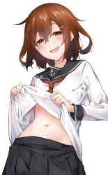 Rule 34 | 1girl, black sailor collar, black skirt, blush, brown eyes, brown hair, clothes lift, hair between eyes, hair ornament, hairclip, highres, ikazuchi (kancolle), kamidanomi, kantai collection, lifting own clothes, long sleeves, looking at viewer, navel, neckerchief, open mouth, pleated skirt, red neckerchief, sailor collar, school uniform, serafuku, short hair, simple background, skirt, solo, white background