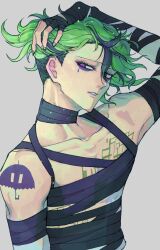 Rule 34 | 1boy, arm up, bandaged arm, bandaged chest, bandaged neck, bandages, chest tattoo, eyeliner, fuyaharu, green hair, hair between eyes, hand in own hair, highres, looking at viewer, makeup, male focus, master detective archives: rain code, multicolored hair, open mouth, purple eyeliner, purple eyes, ruffling hair, short hair, shoulder tattoo, solo, streaked hair, tattoo, upper body, vivia twilight