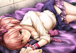 Rule 34 | 1girl, absurdres, blush, breasts, closed mouth, clothes around waist, collarbone, collared shirt, hair ornament, highres, idolmaster, idolmaster cinderella girls, jewelry, jougasaki mika, large breasts, long sleeves, looking at viewer, lying, on side, pink hair, plaid, plaid skirt, pleated skirt, purple skirt, ring, shirt, skirt, smile, solo, suien, sweater, sweater around waist, thighs, yellow eyes, yellow shirt