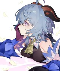 Rule 34 | 1girl, ahoge, bell, black gloves, blue hair, blush, breast press, breasts, closed mouth, cowbell, detached sleeves, from side, ganyu (genshin impact), genshin impact, gloves, goat horns, highres, horns, long hair, medium breasts, petals, purple eyes, riiein, simple background, solo, white background