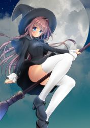 Rule 34 | 1girl, absurdres, asakura otome, black capelet, black dress, black hat, blue eyes, broom, broom riding, brown hair, capelet, cloud, commentary request, da capo, da capo ii, dress, full moon, hair between eyes, hair intakes, hat, highres, kayura yuka, long hair, long sleeves, looking at viewer, moon, night, night sky, shoes, sky, solo, thighhighs, white thighhighs, witch hat
