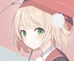 Rule 34 | 1girl, 2023, beret, birthday, blonde hair, character name, close-up, closed mouth, collar, commentary request, cowlick, green eyes, hair ornament, hair rings, hat, highres, indie virtual youtuber, looking at viewer, pom pom (clothes), pom pom hair ornament, portrait, red hat, red sailor collar, red umbrella, sailor collar, shigure ui (vtuber), shigure ui (vtuber) (1st costume), short hair, smile, solo, translation request, umbrella, virtual youtuber, wata murasaki