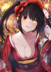Rule 34 | 1girl, absurdres, black hair, blush, breasts, cleavage, clock eyes, collarbone, commentary request, date a live, firework background, hair ribbon, hairband, heterochromia, highres, japanese clothes, kimono, large breasts, lolita fashion, lolita hairband, long hair, looking at viewer, mr2d, open mouth, red eyes, ribbon, smile, solo, symbol-shaped pupils, tokisaki kurumi, twintails, upper body, yellow eyes, yellow ribbon, yukata