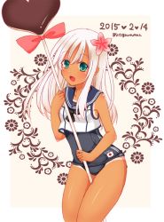 Rule 34 | 10s, 1girl, blonde hair, blue eyes, candy, chocolate, chocolate heart, crop top, flower, food, hair flower, hair ornament, heart, kantai collection, long hair, oversized object, ro-500 (kancolle), sailor collar, school swimsuit, sotogawa max, stick, swimsuit, swimsuit under clothes, tan, tanline, valentine