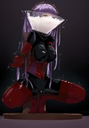 Rule 34 | 1girl, arms behind back, asagami fujino, asphyxiation, bdsm, black gloves, bodysuit, bondage, bondage outfit, boots, bound, breasts, corset, cum, cum in mouth, drowning, fate/grand order, fate (series), gloves, gokkun, highres, impossible clothes, kara no kyoukai, large breasts, latex, latex bodysuit, latex gloves, latex legwear, long hair, open mouth, purple hair, red corset, red eyes, red footwear, red gloves, rope, skindentation, solo, squatting, thigh boots, tongue, tongue out
