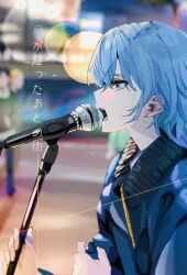 Rule 34 | 1girl, blue eyes, blue hair, blue jacket, blurry, blurry background, commentary, earrings, from side, funi mu9, hair between eyes, highres, holding, holding microphone stand, hololive, hoshimachi suisei, jacket, jewelry, long hair, looking ahead, lyrics, microphone, microphone stand, music, open mouth, outdoors, profile, singing, solo, stud earrings, sweat, upper body, virtual youtuber