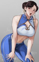 Rule 34 | 1girl, absurdres, black hair, brown eyes, capcom, chun-li, grey background, highres, kobi420, open mouth, simple background, solo, steam, steaming body, street fighter, street fighter 6