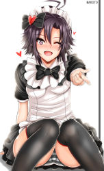 Rule 34 | 1girl, alternate costume, bad id, bad pixiv id, black dress, black hair, black thighhighs, bow, dress, enmaided, hair bow, hair ornament, heart, heart hair ornament, idolmaster, idolmaster (classic), inu (marukome), kikuchi makoto, looking at viewer, maid, maid headdress, multicolored clothes, multicolored dress, one eye closed, open mouth, panties, pantyshot, puffy short sleeves, puffy sleeves, purple eyes, revision, short sleeves, sitting, smile, solo, striped clothes, striped panties, thighhighs, underwear, upskirt, white dress
