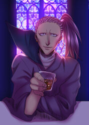 Rule 34 | 1boy, cup, history1357, holding, holding cup, hunter x hunter, long hair, long sleeves, looking at viewer, male focus, no eyebrows, ponytail, purple hair, shoot mcmahon, smile, solo, thick lips, window