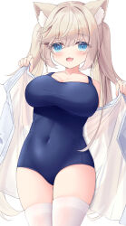 Rule 34 | 1girl, :d, animal ear fluff, animal ears, blue eyes, blue one-piece swimsuit, breasts, brown hair, cat ears, commentary request, copyright request, covered navel, fang, hair between eyes, highres, holding, holding towel, large breasts, long hair, looking at viewer, one-piece swimsuit, open mouth, satsuki yukimi, see-through, simple background, skindentation, smile, solo, swimsuit, thighhighs, towel, twintails, very long hair, virtual youtuber, white background, white thighhighs
