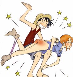 Rule 34 | 1boy, 1girl, animated, animated gif, arm grab, ass, blush, bottomless, bouncing ass, bouncing breasts, breasts, cleavage, closed eyes, full body, grin, hetero, jiggle, knees together feet apart, lying, lying on lap, monkey d. luffy, nami (one piece), nose, on lap, one piece, orange hair, panties, panties around ankles, panty pull, short hair, shorts, simple background, smile, spanking, underwear, vest, white background
