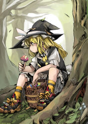 Rule 34 | 1girl, back bow, bare tree, basket, black hat, black skirt, black vest, blonde hair, bow, braid, buttons, closed mouth, elbow on knee, falling leaves, forest, frilled skirt, frills, hair bow, hat, hat bow, highres, holding, holding mushroom, kirisame marisa, leaf, long hair, looking at object, mushroom, nature, outdoors, puffy short sleeves, puffy sleeves, ribbon, rightorisamraido3, roots, shirt, shoes, short sleeves, single braid, sitting, skirt, sneakers, socks, solo, touhou, tree, vest, white shirt, witch hat, yellow eyes, yellow ribbon, yellow socks
