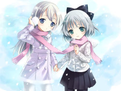 Rule 34 | 00s, 2girls, bad id, bad pixiv id, black pantyhose, blue eyes, earmuffs, eila ilmatar juutilainen, green eyes, holding hands, kimishima ao, long hair, multiple girls, pantyhose, sanya v. litvyak, scarf, shared clothes, shared scarf, short hair, silver hair, snow, strike witches, white pantyhose, world witches series, yuri