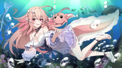 Rule 34 | 1girl, axolotl, axolotl ears, axolotl girl, axolotl tail, black ribbon, breasts, bubble, cleavage, detached sleeves, dress, floral print, gradient dress, highres, kelp, long hair, lottie shinju, medium breasts, neck ribbon, open mouth, pink eyes, pink hair, pixellink, purple dress, ribbon, sandals, shell hair ornament, solo, strapless, strapless dress, underwater, valefal coneri, virtual youtuber, white dress, white footwear, white sleeves