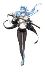 Rule 34 | 1girl, absurdres, bare shoulders, belt, black jacket, black shorts, blue eyes, blue hair, breasts, brown pantyhose, closers, collarbone, crop top, elbow gloves, fingerless gloves, floating hair, full body, gloves, glowing, glowing eye, highres, holding, holding sword, holding weapon, jacket, katana, large breasts, long hair, looking at viewer, micro shorts, midriff, navel, off shoulder, official art, open clothes, open jacket, pantyhose, ponytail, shaded face, sheath, sheathed, shirt, shoes, shorts, sleeveless, sleeveless shirt, sleeveless turtleneck, small pupils, solo, standing, stomach, sword, tachi-e, tassel, thighband pantyhose, turtleneck, v-shaped eyebrows, very long hair, violet (closers), weapon, white background, white gloves, white shirt