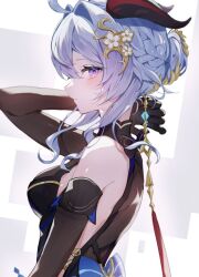 Rule 34 | 1girl, ahoge, bare shoulders, black dress, black gloves, blue dress, blue hair, breasts, detached sleeves, dress, from side, ganyu (genshin impact), ganyu (twilight blossom) (genshin impact), genshin impact, gloves, gold trim, hair ornament, highres, horns, long hair, long sleeves, looking at viewer, medium breasts, nagg 0k, official alternate costume, official alternate hairstyle, purple eyes, simple background, solo, upper body, white background