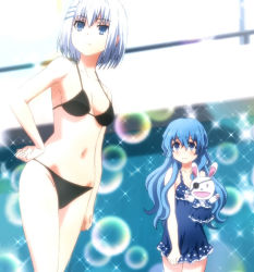 Rule 34 | 2girls, bikini, blue eyes, blue hair, date a live, highres, long hair, multiple girls, one-piece swimsuit, screencap, short hair, stitched, swimsuit, third-party edit, third-party source, tobiichi origami, white hair, yoshino (date a live), yoshinon