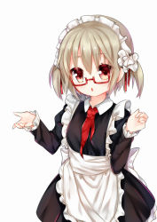 Rule 34 | 1girl, :o, alternate costume, apron, black shirt, black skirt, collared shirt, enmaided, fingernails, frilled apron, frilled sleeves, frills, glasses, grey hair, hair between eyes, hair ribbon, hands up, head tilt, highres, long sleeves, looking at viewer, maid, maid headdress, neckerchief, necktie, parted lips, red-framed eyewear, red eyes, red neckerchief, red necktie, red ribbon, ribbon, semi-rimless eyewear, shirt, short hair, simple background, skirt, solo, tareme, tengxiang lingnai, two side up, under-rim eyewear, verniy (warship girls r), warship girls r, white apron, white background