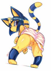 Rule 34 | 1girl, :&lt;, absurdres, animal crossing, animal ears, ankha (animal crossing), arm warmers, artist name, ass, bandages, bare shoulders, barefoot, bent over, blonde hair, blue hair, blue tail, blunt bangs, blush, bob cut, body fur, breasts, cat ears, cat girl, cat tail, cleft of venus, closed mouth, dress, egyptian, female focus, from behind, full body, furry, furry female, hair ornament, highres, kneepits, leg warmers, light blush, looking back, multicolored hair, nintendo, no panties, pigeon-toed, purple eyes, pussy, shiny skin, short dress, sideboob, sidelocks, signature, simple background, sleeveless, sleeveless dress, small breasts, snake hair ornament, solo, standing, striped tail, sweat, tail, tail raised, tamanosuke, two-tone hair, uncensored, upskirt, white background, white dress, yellow fur, yellow tail