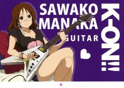 Rule 34 | 1girl, absurdres, breasts, casual, character name, cleavage, coin, copyright name, electric guitar, feathers, gibson, gibson flying v, glasses, guitar, highres, instrument, k-on!, large breasts, legs, crossed legs, sitting, smile, solo, thighs, yamanaka sawako