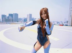 Rule 34 | 1girl, asian, birdy cephon altera (cosplay), birdy cephon altera, boots, city, cityscape, cosplay, cosplay photo, elbow gloves, female focus, gloves, highres, kiguchi aya, leotard, long hair, photo (medium), punching, rooftop, smile, solo, tetsuwan birdy, thigh boots, thighhighs