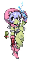 Rule 34 | 1girl, alien, arm up, black eyes, boots, breasts, cleft of venus, colored skin, creature and personification, energy gun, full body, gloves, green skin, gun, hair between eyes, holding, holding gun, holding weapon, knee boots, large breasts, leg up, navel, no nose, nyong nyong, personification, pink footwear, pink gloves, purple hair, purple pussy, pussy, ray gun, reference inset, scutlix gunner (terraria), short hair, simple background, solo, terraria, uncensored, weapon, white background