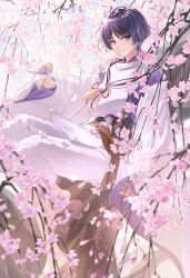Rule 34 | 1boy, bird, bird on hand, black bow, black ribbon, blue sky, blunt ends, blurry, blurry foreground, bow, branch, character doll, cherry blossoms, closed mouth, commentary request, day, depth of field, detached sleeves, eyeshadow, feathers, flower, fuyuni0307, genshin impact, hand up, highres, in tree, japanese clothes, long sleeves, looking at viewer, makeup, male focus, neck ribbon, obi, outdoors, pants, parted bangs, pink flower, pom pom (clothes), purple eyes, purple shirt, red eyeshadow, red ribbon, ribbon, sandals, sash, scaramouche (genshin impact), scaramouche (kabukimono) (genshin impact), shirt, short hair, sidelocks, sitting, sitting in tree, sky, sleeves past wrists, smile, solo, tree, vest, white pants, white vest, wide sleeves