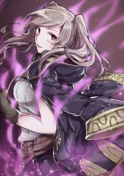 Rule 34 | 1girl, aiueo1234853, aura, bad id, bad twitter id, belt, brown gloves, dark aura, fire emblem, fire emblem awakening, fire emblem heroes, from side, gloves, grey hair, grima (fire emblem), highres, looking to the side, nintendo, open clothes, open robe, parted lips, red eyes, robe, robin (female) (fire emblem), robin (fire emblem), solo, twintails