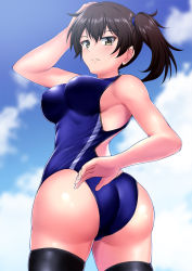 Rule 34 | 1girl, ass, black thighhighs, blue sky, blue one-piece swimsuit, brown eyes, brown hair, cloud, competition swimsuit, cowboy shot, day, from behind, kaga (kancolle), kantai collection, long hair, looking at viewer, looking back, one-piece swimsuit, side ponytail, sky, solo, swimsuit, thighhighs, twisted torso, zanntetu