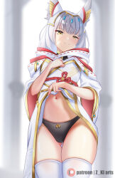 Rule 34 | 1girl, animal ears, black panties, bow, bow panties, cat ears, clothes lift, dress, dress lift, ear covers, facial mark, gluteal fold, grey hair, head tilt, highres, looking at viewer, medium hair, navel, nia (xenoblade), panties, smile, solo, stomach, thigh gap, thighhighs, underwear, whisker markings, white thighhighs, wide sleeves, xenoblade chronicles (series), xenoblade chronicles 3, yellow bow, yellow eyes, z-ki