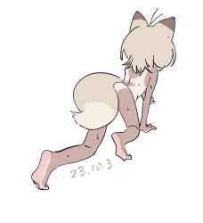 Rule 34 | 1girl, all fours, animal ears, barefoot, bouen, completely nude, dated, facing away, fox ears, fox girl, fox tail, full body, grey hair, highres, nude, one-piece tan, original, short hair, simple background, sketch, soles, solo, tail, tan, tanline, wet, white background