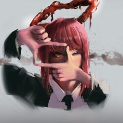 Rule 34 | 1girl, ayjay560, black jacket, black necktie, blood, blood halo, chainsaw man, collared shirt, finger frame, formal, halo, highres, jacket, liquid halo, looking at viewer, makima (chainsaw man), medium hair, necktie, one eye closed, red hair, red halo, ringed eyes, shirt, sidelocks, solo, suit, suit jacket, upper body, white shirt, yellow eyes