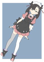 Rule 34 | 1girl, absurdres, alternate costume, ankle boots, apron, aqua eyes, arms at sides, asymmetrical bangs, bad id, bad twitter id, black apron, black footwear, blue background, boots, border, creatures (company), donguri suzume, dress, dutch angle, enmaided, full body, game freak, highres, long hair, maid, maid headdress, marnie (pokemon), nail polish, nintendo, pink dress, pokemon, pokemon swsh, puffy short sleeves, puffy sleeves, short sleeves, simple background, solo, standing, thighhighs, twintails, white border, white thighhighs, wrist cuffs, zettai ryouiki