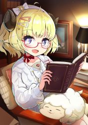 Rule 34 | 1girl, :d, absurdres, ahoge, animal ears, aran sweater, blonde hair, book, bow, bowtie, cable knit, choker, dress, glasses, hair ornament, hairclip, highres, holding, holding book, hololive, horns, looking at viewer, moaiman, open mouth, purple eyes, reading, red-framed eyewear, red choker, ribbon choker, sailor collar, sailor dress, sheep, sheep ears, sheep girl, sheep horns, short hair, smile, solo, sweater, tsunomaki watame, tsunomaki watame (street casual), virtual youtuber, white bow, white bowtie, white sweater