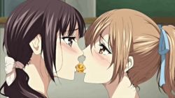 Rule 34 | 2girls, animated, animated gif, blush, food, french kiss, kiss, looking at another, multiple girls, sakuramiya shimai no netorare kiroku, saliva, sharing food, yuri