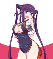 Rule 34 | 1girl, bare shoulders, black dress, blue eyes, blunt bangs, blush, breasts, center opening, chan co, china dress, chinese clothes, cleavage, detached sleeves, dress, fate/grand order, fate (series), hair ornament, hands on own chest, large breasts, leaf hair ornament, long hair, looking at viewer, open mouth, pink background, purple hair, side slit, sidelocks, solo, tearing up, thighs, twintails, two-tone background, very long hair, white background, yang guifei (fate), yang guifei (second ascension) (fate)