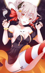 Rule 34 | 1girl, :d, absurdres, bandages, bare shoulders, black dress, black hat, black nails, black sleeves, blush, bow, breasts, cleavage, collarbone, commentary request, detached sleeves, double bun, dragon horns, dress, fang, fate/grand order, fate (series), fingernails, full moon, garter straps, ghost, ghostkun, hair between eyes, hair bow, hair bun, hair ornament, halloween, hands up, hat, head tilt, highres, horns, jack-o&#039;-lantern, jack-o&#039;-lantern hair ornament, kiyohime (fate), kiyohime (third ascension) (fate), medium breasts, moon, nail polish, night, night sky, open mouth, puffy short sleeves, puffy sleeves, red bow, red eyes, short sleeves, side bun, silver hair, sky, smile, solo, star (sky), starry sky, stitches, strapless, strapless dress, striped clothes, striped thighhighs, thighhighs, witch hat, x hair ornament