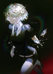 Rule 34 | 1other, amputee, androgynous, belt, breaking, collared shirt, colored eyelashes, colored skin, crystal hair, dated, diamond (gemstone), diamond (houseki no kuni), eunhasang2, foot up, gem, gem uniform (houseki no kuni), gloves, glowing, glowing hair, high collar, highres, houseki no kuni, loafers, looking at viewer, necktie, other focus, puffy short sleeves, puffy sleeves, rainbow, shards, shirt, shoes, short hair, short jumpsuit, short sleeves, shorts, solo, standing, standing on one leg, thighhighs, white belt, white gloves, white hair, white shirt, white skin, white thighhighs, wing collar
